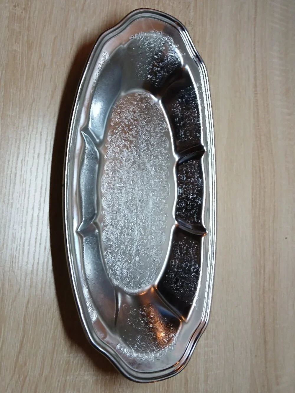 Vintage Antique Silver Tone Metal Platter Etched Floral Design